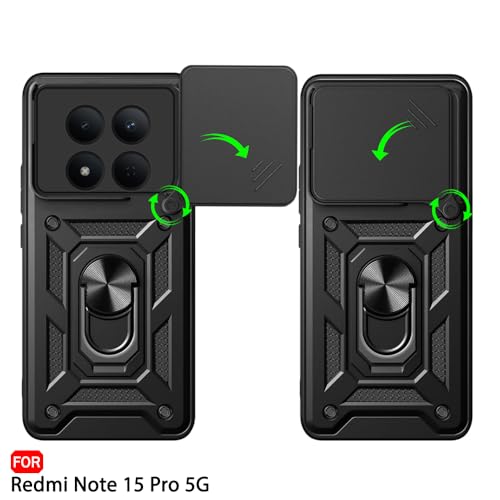 Image of TheGiftKart Tough Armor Bumper Back Cover Case for Mi Redmi Note 15 Pro 5G | Rotating Camera Cover, Kickstand & Ring Holder | 360 Degree Protection Back Cover Case (PC & TPU, Black)
