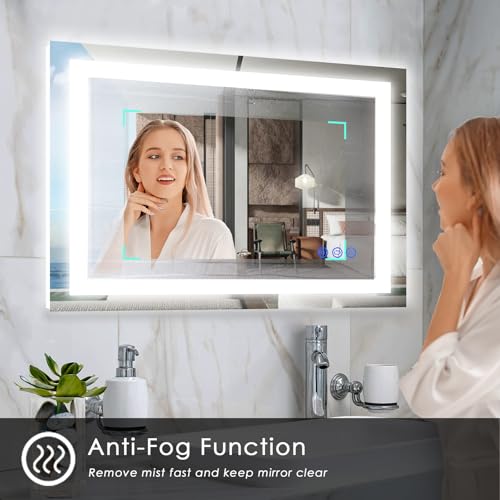 Image of 36x28 LED Bathroom Mirror, Frontlit & Backlit, Wall Vanity Mirror with Lights, 10%-100% Dimmable, 3 Colors, Anti-Fog, Smart Memory, Makeup Mirror with Touch Button