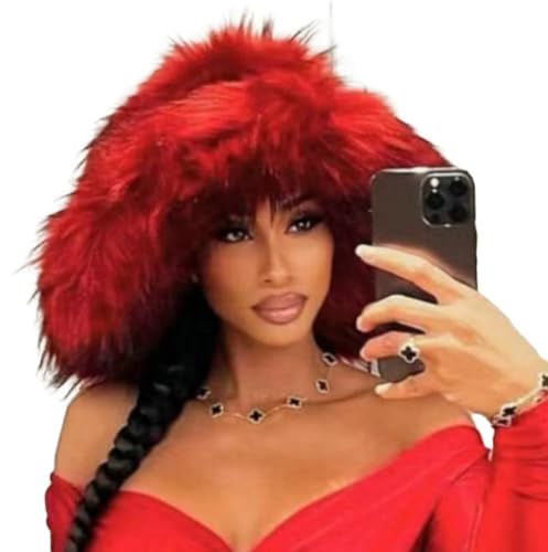 Women's Furry Bucket Hat Winter Faux Fur Plush Hats Warm Fisherman Cap Fluffy Wide Brim Bucket Hats Cloche Hat Outdoor Red