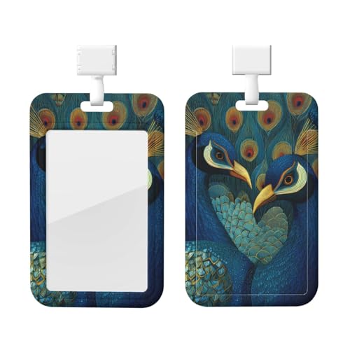 (Blue Peacocks) Badge Holder with Lanyard Vertical ID Card Holder Sliding Cover Work ID Badge Case for Name Tags Access Cards