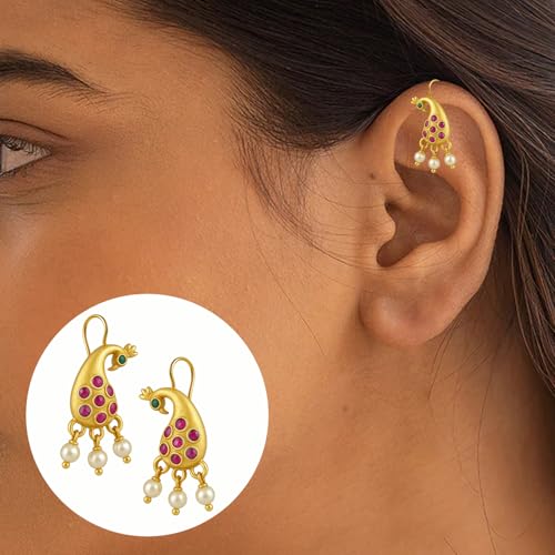 Image of VAMA FASHIONS 18K Gold Plated Anti Tarnish Half Moon Peacock Shape Traditional Maharashtrian Press on Bugadi Upper Ear Clip on Earrings For Women & Girls