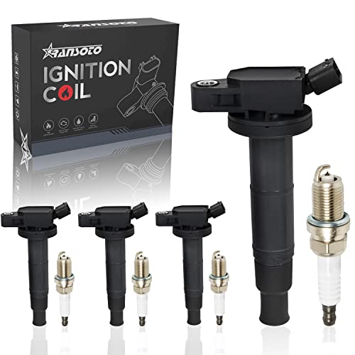 RANSOTO Ignition Coil Pack UF333 & Iridium Spark Plugs 7092 Compatible with 2001-2012 Scion tC xB Toyota Camry Corolla Highlander Matrix RAV4 Solara Lexus HS250h 2.4L Set of 4