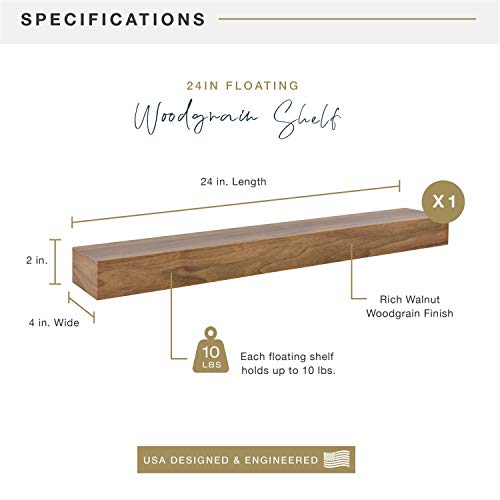 Image of MCS Floating Shelf, Room Decor Wooden Shelf, Walnut Woodgrain, 24 x 4 Inch