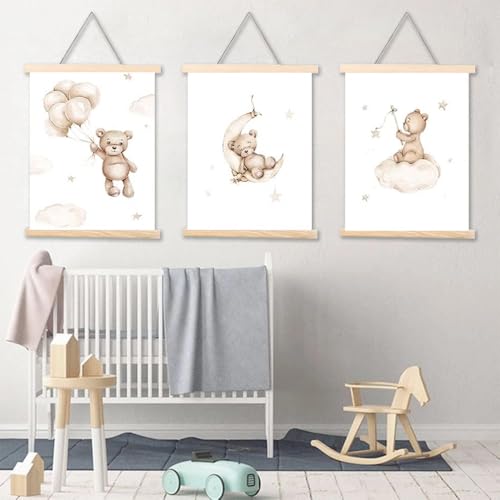 3 Affiche Ours Chambre Bebe Tableau Beige Poster Mural Chambre Garcon Affiche Ourson Bébé Ballon Nuage Lune Decoration Murale Garçon 40 x 50 cm Toile...