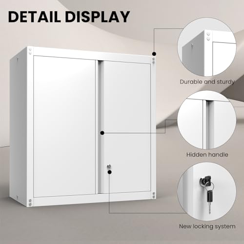 Image of Office Wall Cabinet, Morden 2 Doors Hanging Storage with Adjustable Shelves, Locking Cabinet with Keys, Small Ofiice Storage for School, Home, White