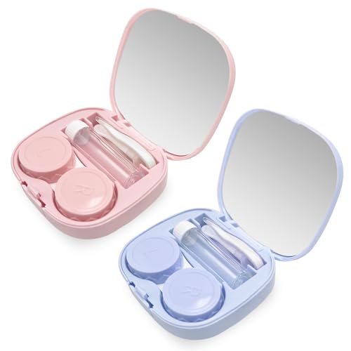 iTGOOS 2 PCS Travel Contact Lens Case with Mirror,Portable Travel Contact Lens Kit,Mini Contact Lens Holder Box with Tweezers & Suction Stick Blue Pink