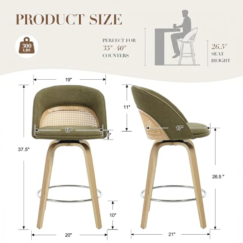 Butacos EALSON, Set de 2 Butacos Giratorios de Bar de 26", con Respaldo de Ratán, Tapizados en Chenilla Moderna, Patas de Madera y Reposapiés Plateado para Isla de Cocina o Sala de Estar, Verde miniatura 2