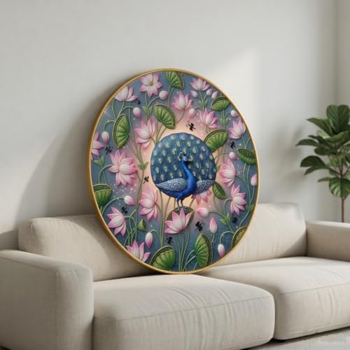 Image of SAF Peacock Lotus Wall Painting with Golden PVC Frame Round Floral Bird Art Modern Decorative Wall Decor for Living Room Bedroom Office Home Luxury Gift Item (23 x 23 Inch) GR-362
