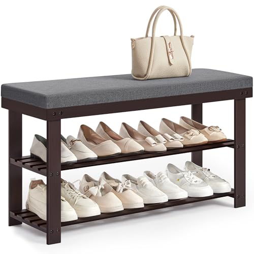Image of SONGMICS Bamboo Shoe Bench, 3-Tier Shoe Rack Organizer for Entryway, Living Room, Bench Seat Holds Up to 300 lb, 11.9 x 35.4 x 19.2 Inches, Rustic Walnut and Slate Gray ULBS904B32