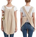 ENN&EEZY Japanese Cross Back Aprons for Women with Pockets Linen Pinafore Apron for Kitchen Cooking,...