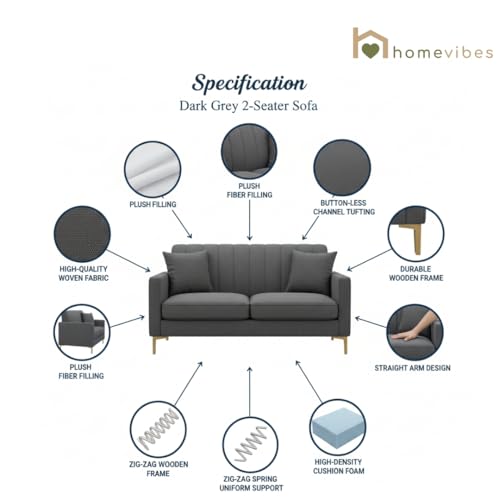Image of 2 Seater Velum Fabric Sofa Set for Living Room, Modern Design with High Density Foam, Solid Wood Frame, Ergonomic Comfortable Seating for Home & Office (Dark Grey, 2 Seater) | Soft foam comfort, Strong wood frame