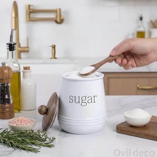 Image of Stylish Airtight Container for Kitchen, Sugar Storage,White, Metal with Wooden Lid & Spoon, 1000ml, Canister for Kitchen Counter top | Food-Safe Jar Set (Sugar)