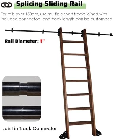 Adjustable Rolling Library Ladder Track Kit - Telescoping Hooks for Bookshelf, Loft, Office & Warehouse - Rustic Black Design for Easy Access & Style