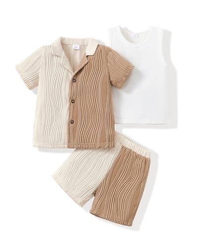 Image of Toddler 4t Boy Clothes Short Sleeve Button Down Shirt And Shorts With Vest Summer Beach 5t Boy Outfits Fashion Color-Blocked Beige And Brown Causal Kid Clothing Set