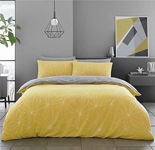 HOMEMAKER BEDDING ® Geometric duvet set ochre yellow grey linear quilt cover & pillow cases (Double)