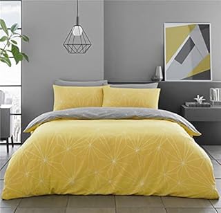 HOMEMAKER BEDDING ® Geometric duvet set ochre yellow grey linear quilt cover & pillow cases (Double)