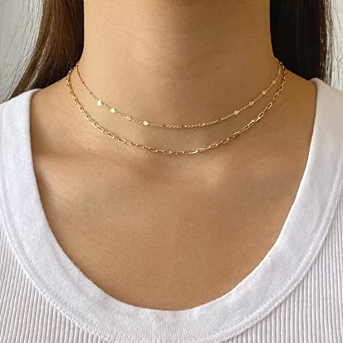 Beriso 14K Gold/Silver Plated Layered Satellite Choker Shining Dots Station Box Chain 3 Blue Beads Sparkle Chain Necklace Open Hearts Open Stars Link Chain Exquisite Jewelry Gifts For Women Mom Girlfriend #TOP1