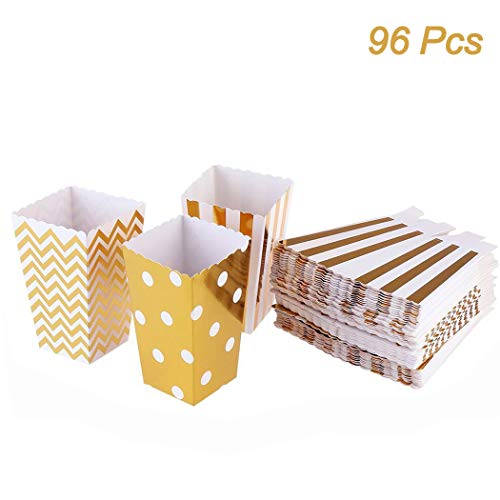 Creatiees 96 Piezas Mini Palomitas de maiz Cajas, Cartulina Caramelo Contenedores para Cumpleaños, Bridal y Bebé Ducha, Todas Fiestas & Eventos - Aleatorio Patrones (Oro)