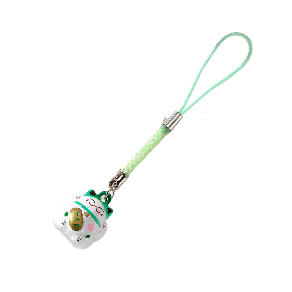 ESTCNK Chic Japanese Cartoon Lucky Cat Pendant Charm Keychain With Bell For Prosperity, Green, As detailed discription