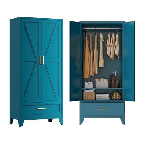 Image of Blue Metal Wardrobe Closet for Bedroom, 71 inch Freestanding Armoire Wardrobe with Drawer and Shelf, Hanging Rod Clothing Storage Cabinet with Two Doors, Tall Farmhouse Clothes Cabinet Bedroom Armoires