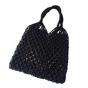 Strandtas, strandtassen for vrouwen, strozakken for vrouwen, geweven strandtas, schoudertas mesh strandtas geweven katoenen holte for vrouwen (zwart) (Color : Black)