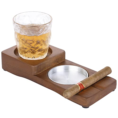 MyGift Solid Acacia Wood Cigar Whiskey Accessory Set, Cigar Holder with Silver Metal Ashtray and Scotch Glass Wooden Coaster Tray