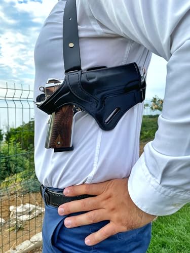 Ottoza Leather Gun Holster 1911 Shoulder Holster Right Hand - Dual Usage Shoulder + Belt/Leather Shoulder Holster 1911 fits Most Models 1911 COLT-Kimber-Ruger and More No:419