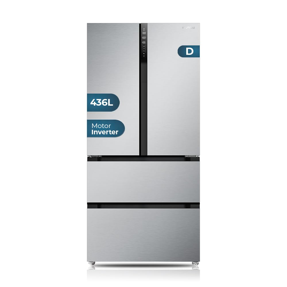 HYUNDAI Frigorífico French Door Inox, 4 Puertas HFR18383NDDI00, Capacidad 436 Litros, No Frost, Inverter, 38 dB, Puerta Francesa, Apertura Uñero, Clasificación Energética E