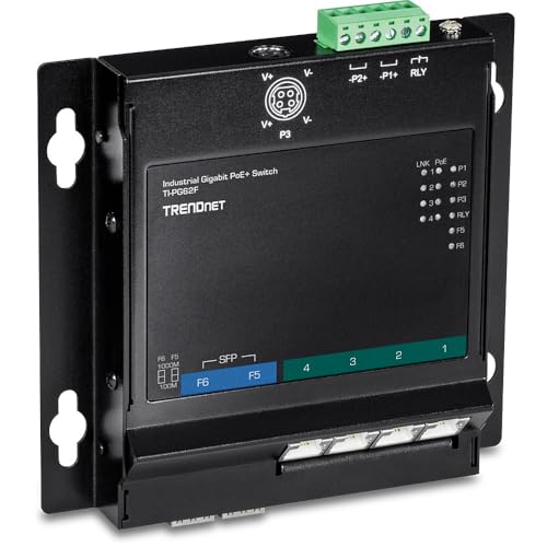 Image of TRENDnet 6-Port Industrial Gigabit PoE+ Wall-Mounted Front Access Switch, TI-PG62F, 4 x Gigabit PoE+ Ports, 2 x Gigabit SFP Slots, DIN-Rail, Wall Mount Brackets Included, IP30, 120W PoE Budget