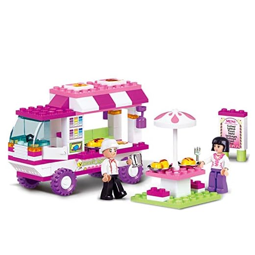 Rosa Food Truck Kids Montering Plast Byggnadsblock Leksaker DIY Födelsedaggåvor för barn Pojkar och flickor Presenter