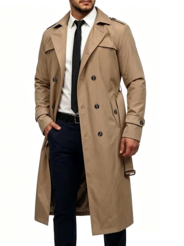 Image of Runcati Mens Trench Coat Double Breasted Notch Lapel Slim Fit Long Overcoat