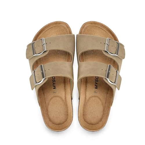 Image of mysoft Womens Flat Sandals Cork Footbed Slides with 2 Straps | Adjustable Buckle Slip On Comfortable Casual Light Weight Summer sandals