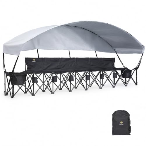 Nice C Portable Folding Bench with Canopy, Soccer Team Bench with Sun Shade, 6 Seat Fabric Outdoor Sports Chair, with Cooler & Cup Holder, for Football Basketball Camp Events (Black)
