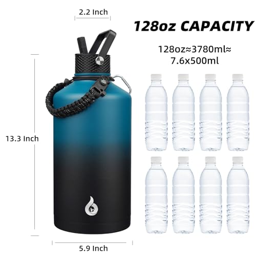 Image of BJPKPK 1 Gallon Water Bottle with Straw Lid, 128oz Large, Stainless Steel Water Bottles with 3 Lids and Paracord Strap, Double Wall Vacuum Metal Water Jug, Blue & Black