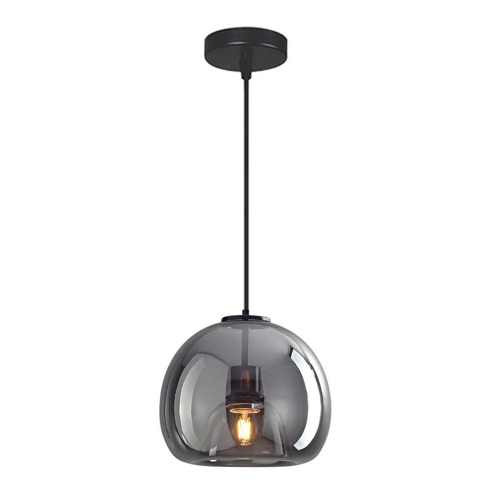 KBUUKYYXouy Smoky Gray Glass Pendant Lamp, Modern Industrial Style Hanging Light, E26 Source Adjustable Height Chandelier, Restaurant Bedroom Living Room Decoration Lighting Fixtures