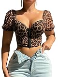 SOLY HUX Women's Leopard Print Front Closure Push Up Bustier Corsets Short Sleeve Sweetheart Neck Crop Tops Brown Leopard Large