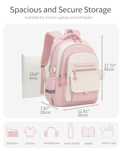 Image of School Backpack for Teen Girls, Large Capacity Laptop Bag for High School Middle School Elementary, Aesthetic Bookbag College Women, Beige Pink