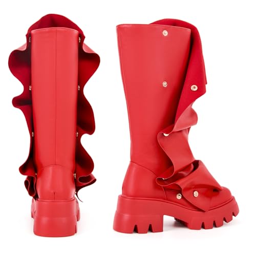 sexytag Women's Platform Slouchy Fold Over Boots Mid Calf Block Heel Round Toe Western Pull on Fashion Boot3