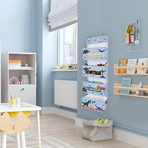 Watercolor Dinosaur Door Organizer - 99 x 31 cm Clear Window Pocket Organizer for Boys Baby Over the Door Hanging Storage Bathroom Organizer Toys Diapers Pantry Closet Wall Bedroom Nursery Decor