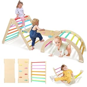 edutree Pikler Triangle Set, 8-in-1 Foldable Climbing Toys for Toddlers 1-3 Inside, Wooden Montessori Climbing Set, Indoor Playground Jungle Gym for Baby Kids with Ramp, Arch and Ladder