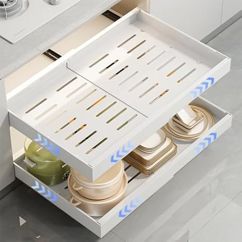 Homics Pull Out Cabinet Organizer, Adjustable Wide (17"-26.7") Adhesive Slide Out Drawers Organizer and Storage for Kitchen Cabinet Pantry Bathroom and Under Sink, Large Size and Heavy Duty Cover