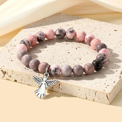 MIXJOY Guardian Angel Little Hug From Heaven Pink Natural Stone Bracelet for Loss of Mother Father, Bereavement Grief Gift for Women, Memorial Guardian Protection, Medium2