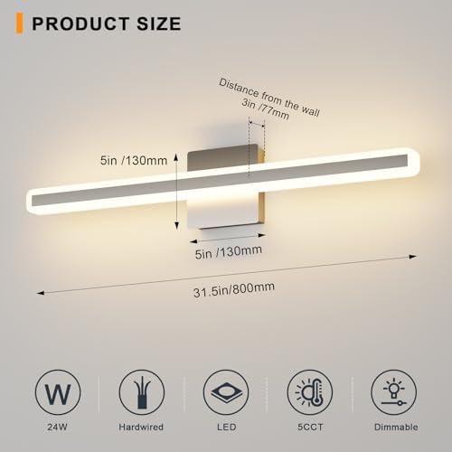 Image of 31.5 Inch Dimmable Bathroom Vanity Lights Over Mirror 5 Color Temperature Vanity Lighting Fixtures for Bath Brushed Nickel Bathroom Light fixtures Bar 5CCT