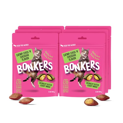 Bonkers Cat Bites, Crunchy & Soft Chick N' Cheddar Flavor Treats, Low Calorie, Training or Food Topper, 6.3 oz / 180g Resealable Bag for All Breeds and Ages, Value Pack (6 Pack)