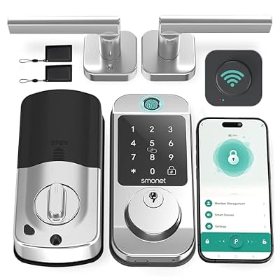 SMONET Fingerprint Smart Locks for Front Door with Handle Set, Keyless Entry, Bluetooth Digital Keypad Deadbolt, App Remote Control, Auto Lock, for Home Silver