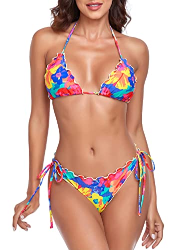 RELLECIGA Women's Wavy Triangle Bikini Set Brazilian Swimwear (X-Large,Colorful Floral)