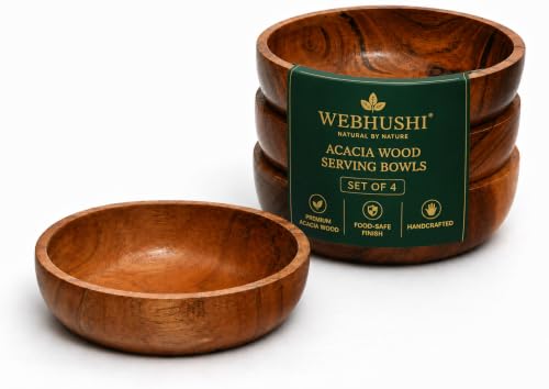 WEBHUSHI Acacia Wood Bowls - 4.75-inch Brown Wooden Bowls 400 cubic cm (0.40 liters) Each Set of 4