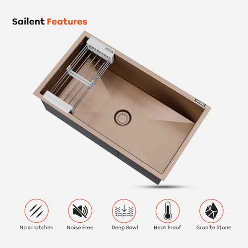 Image of Lustr Kitchen Sink 30x18 Inch - Copper | SS 304 Stainless Steel Kitchen Sink Single Bowl | Handmade Steel Sink for Kitchen with Strainer, Waste Pipe & Coupling | 20-Year Warranty