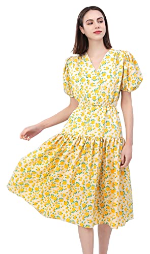 Image of Shineflow Women's Short Sleeve V-Neck 3 /4 Sleeve Button Up Chiffon Floral Pleated Midi Swing Dress with Belt