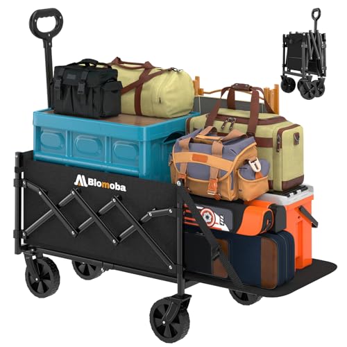 220LBS Foldable Wagon with All-Terrain Wheels, Portable Wagon Cart with Extended Tailgate, Adjustable Handle, Utility Cart for Camping, Shopping, Garden, Sports, Grocery, Black